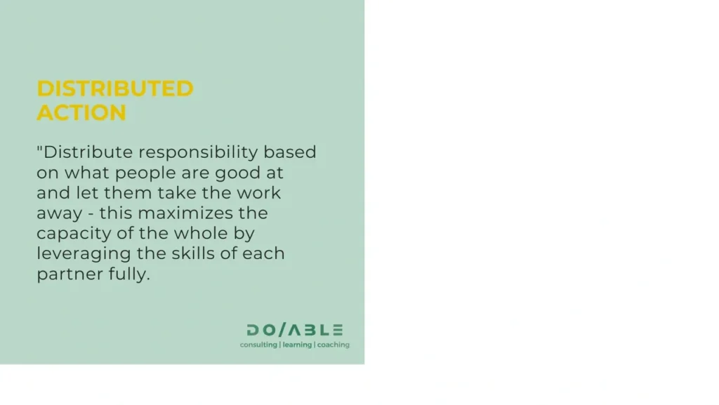 This image is a light blue, square tile with the heading, Distributed Action, and the following text below: "Distribute responsibility based on what people are good at and let them take the work away - this maximizes the capacity of the whole by leveraging the skills of each partner fully." The bottom right corner of the square, blue tile contains the logo for DO/ABLE Coaching, Consulting, and Learning.